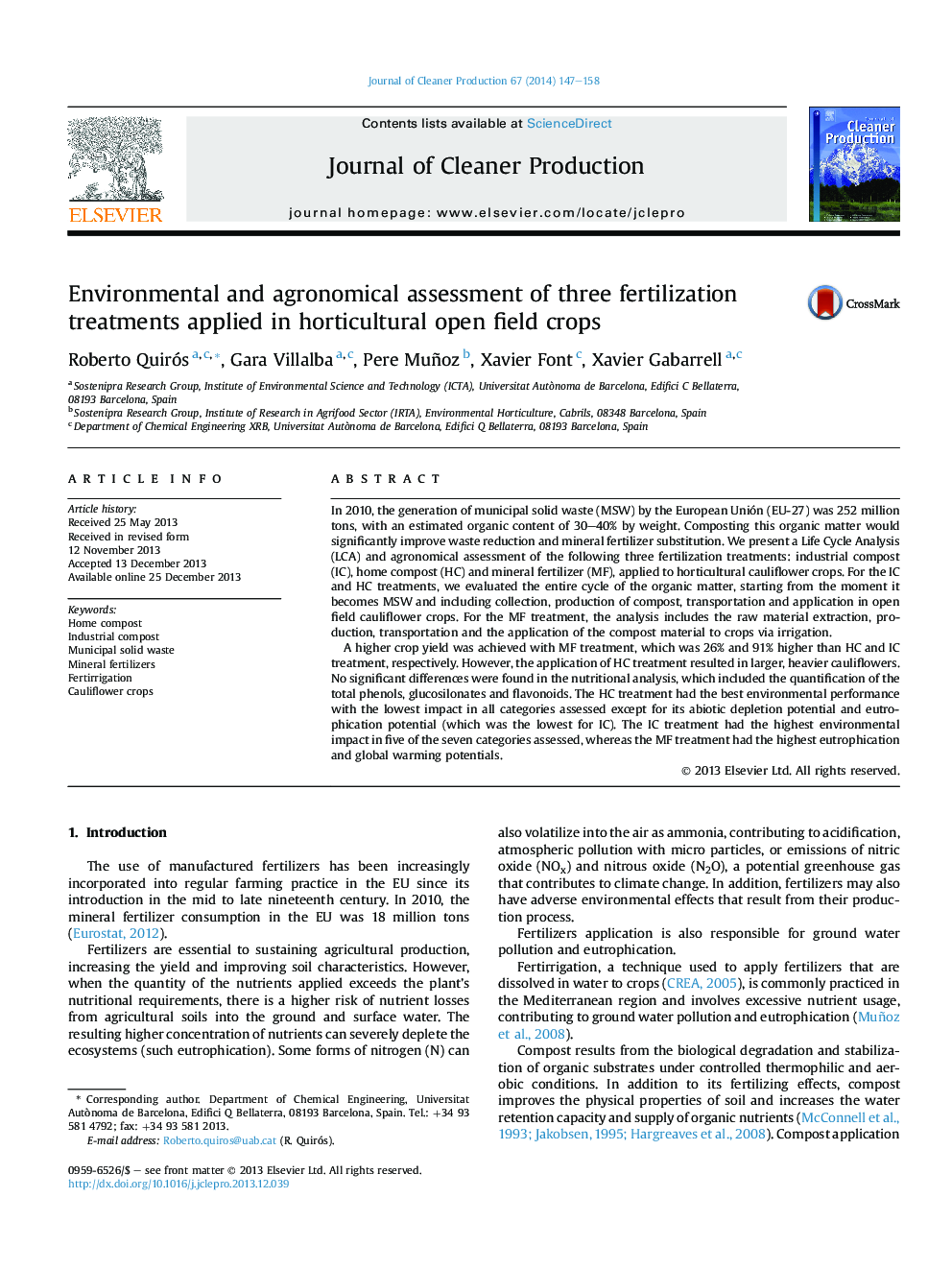 Environmental and agronomical assessment of three fertilization treatments applied in horticultural open field crops