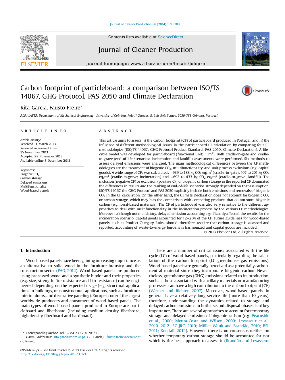 Carbon footprint of particleboard: a comparison between ISO/TS 14067, GHG Protocol, PAS 2050 and Climate Declaration