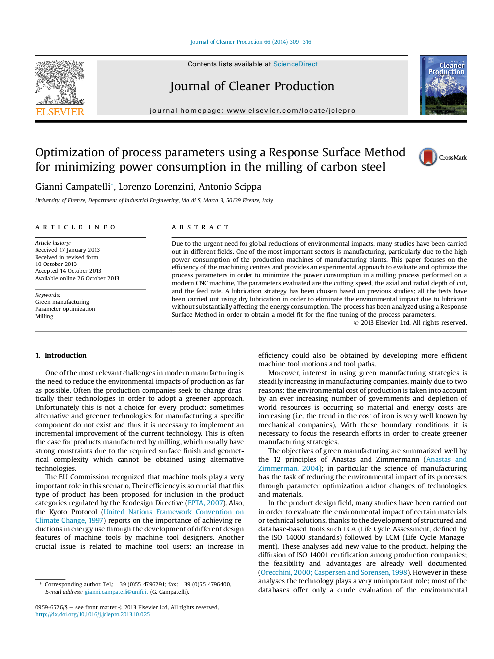 Optimization of process parameters using a Response Surface Method for minimizing power consumption in the milling of carbon steel