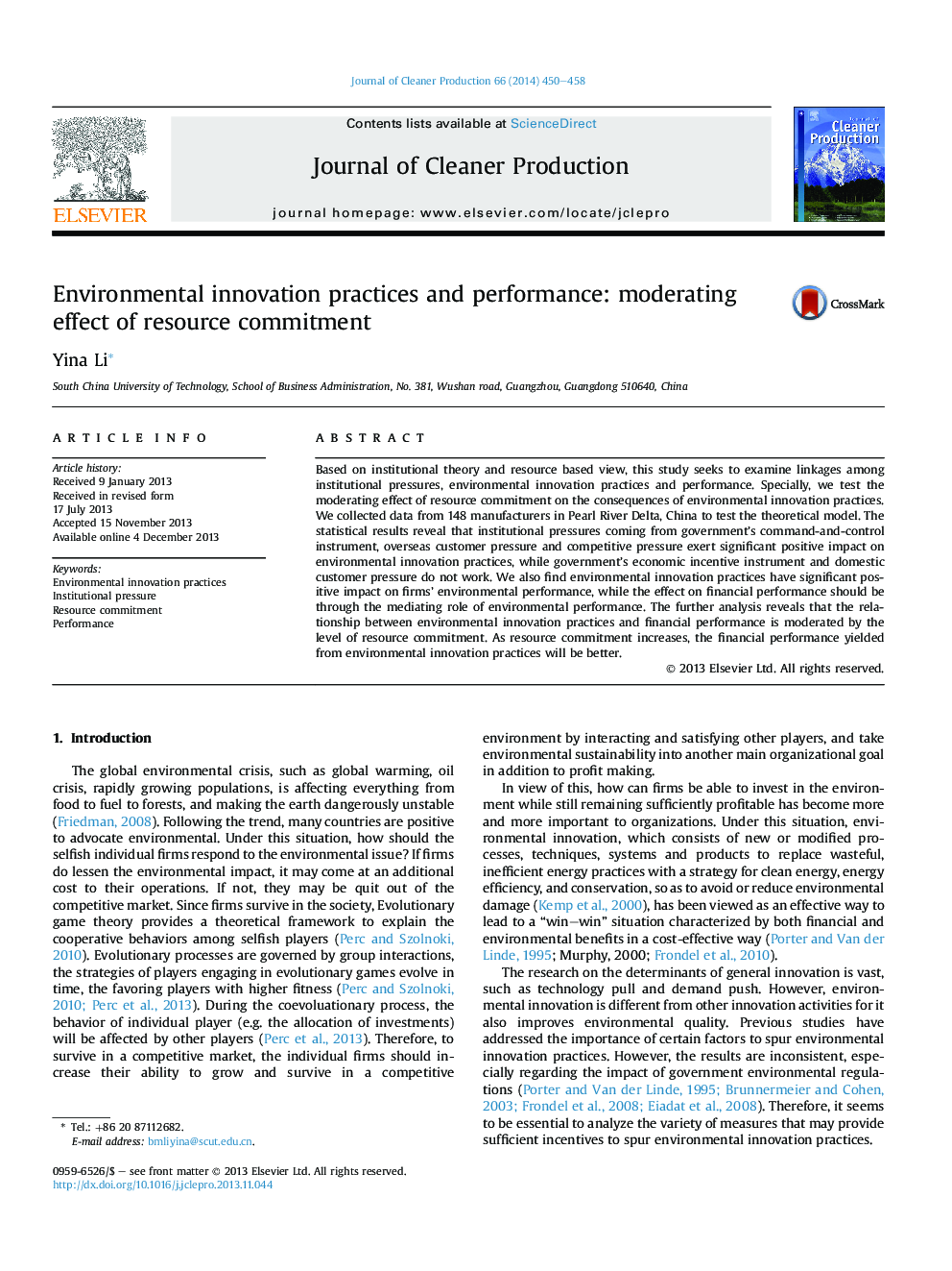 Environmental innovation practices and performance: moderating effect of resource commitment