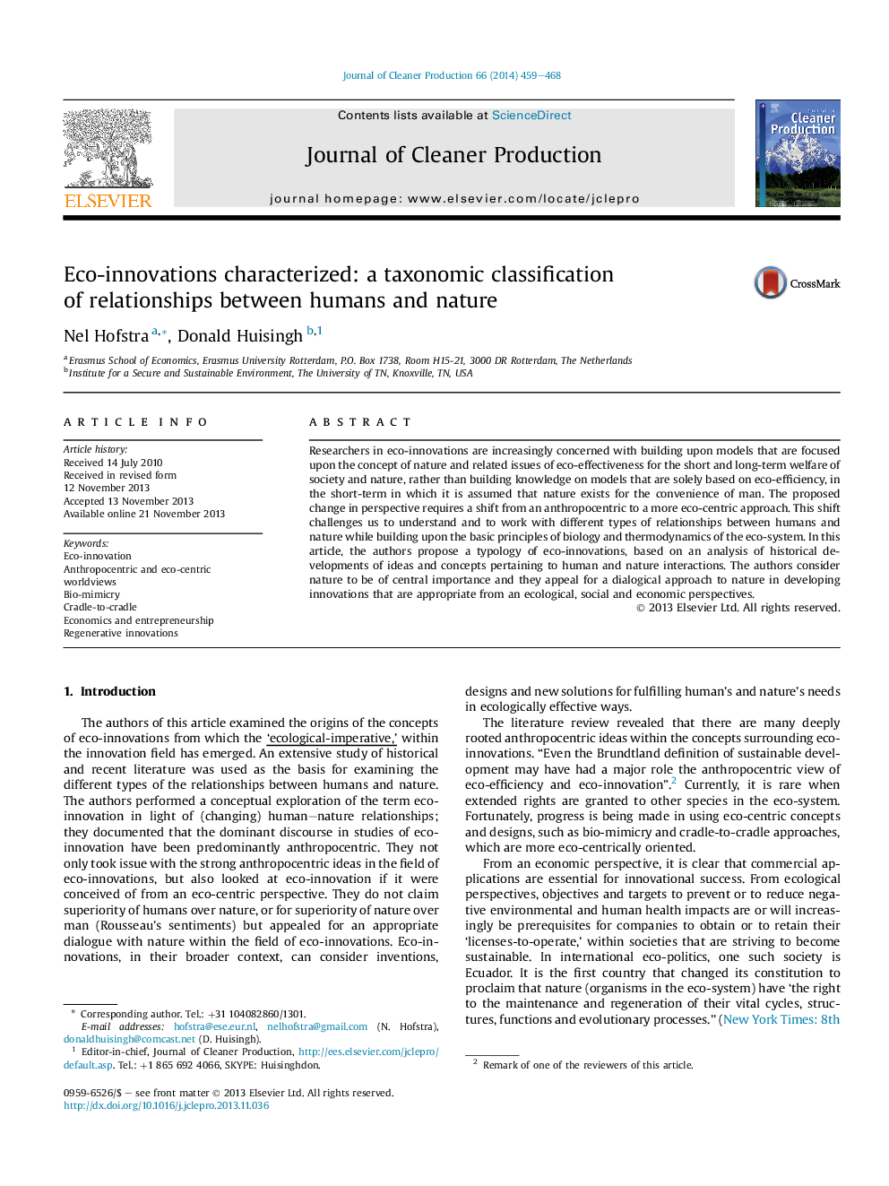 Eco-innovations characterized: a taxonomic classification of relationships between humans and nature