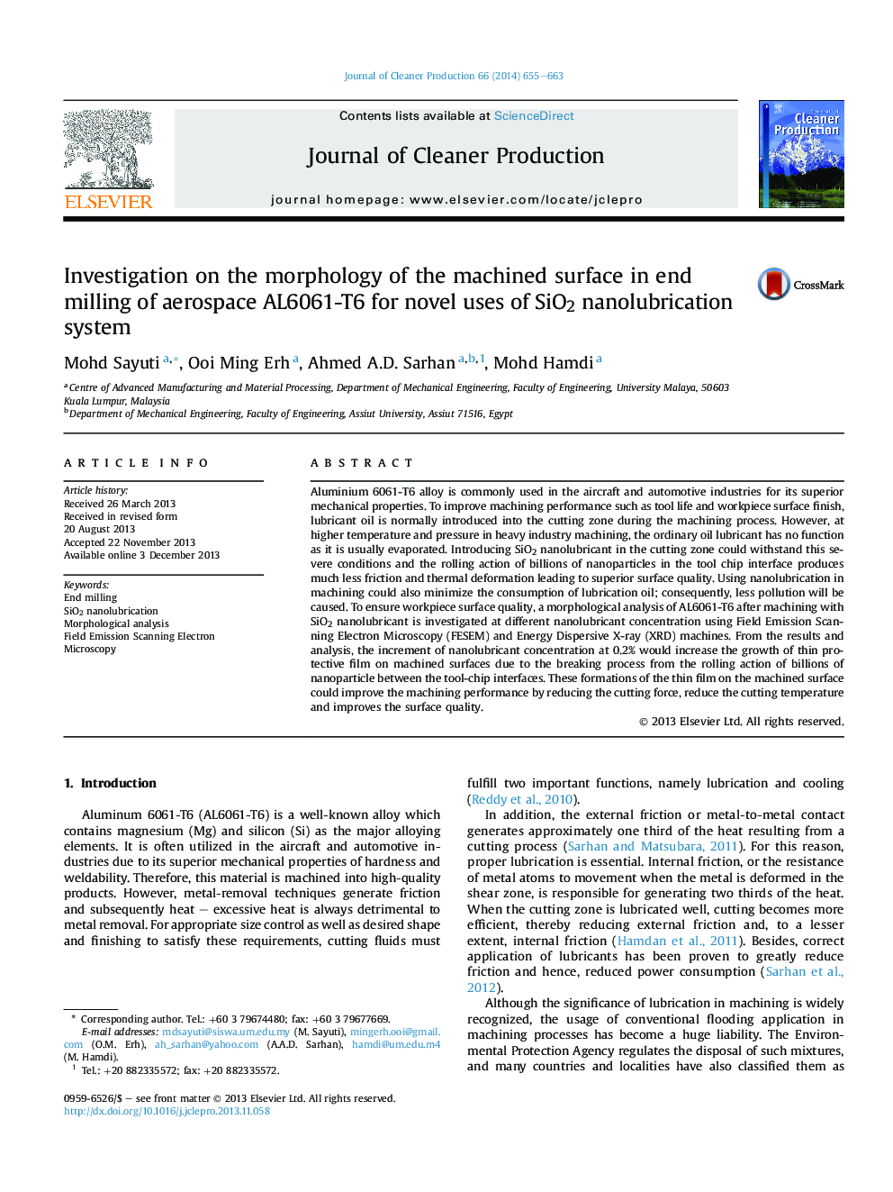 Investigation on the morphology of the machined surface in end milling of aerospace AL6061-T6 for novel uses of SiO2 nanolubrication system