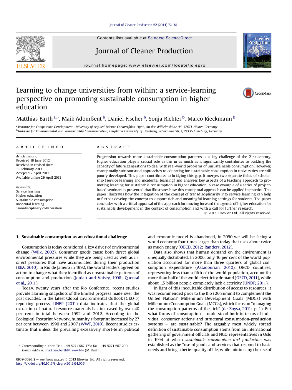 Learning to change universities from within: a service-learning perspective on promoting sustainable consumption in higher education