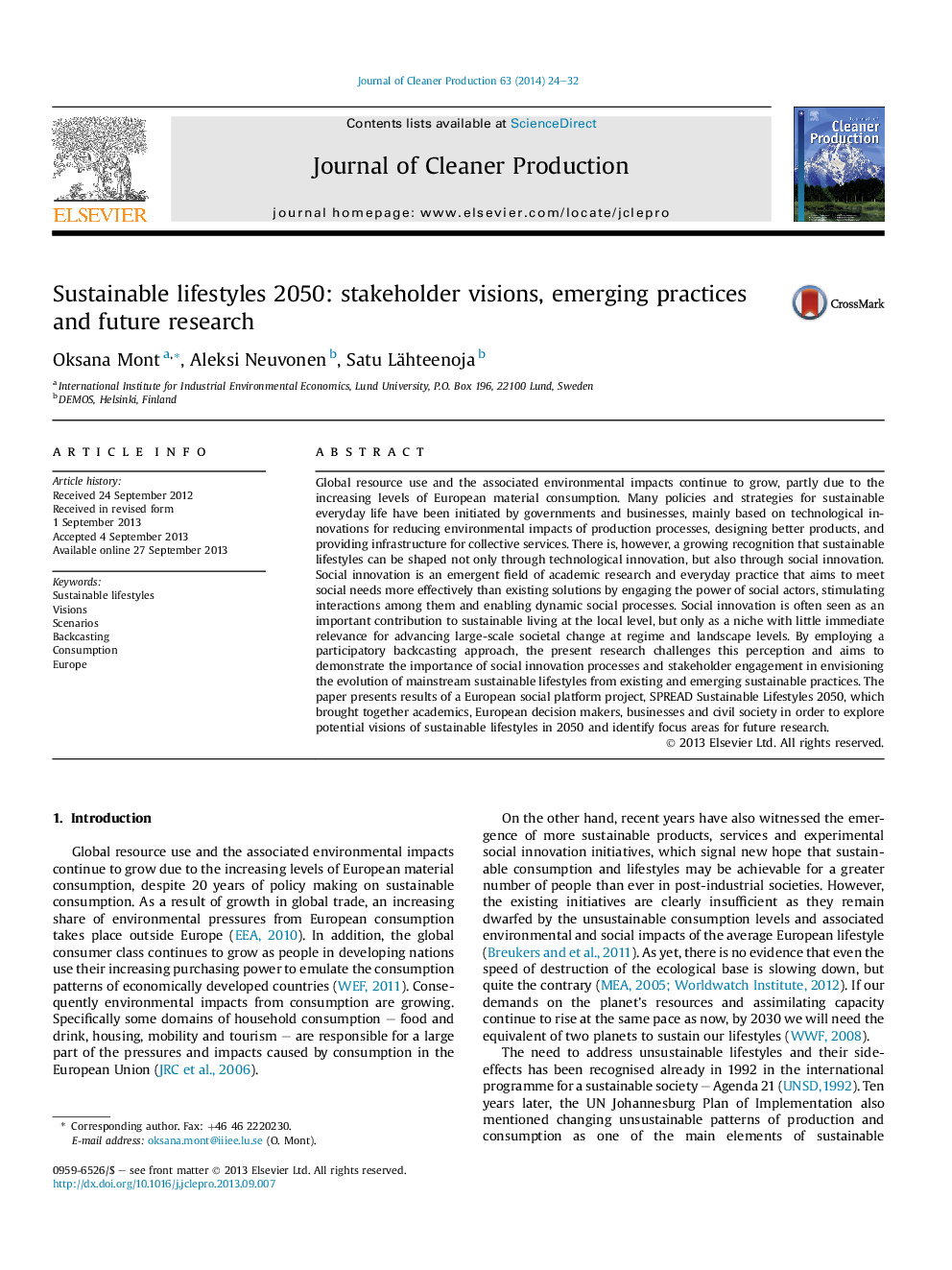 Sustainable lifestyles 2050: stakeholder visions, emerging practices and future research