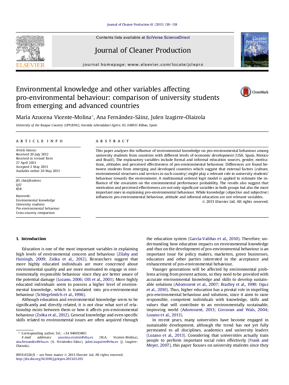 Environmental knowledge and other variables affecting pro-environmental behaviour: comparison of university students from emerging and advanced countries