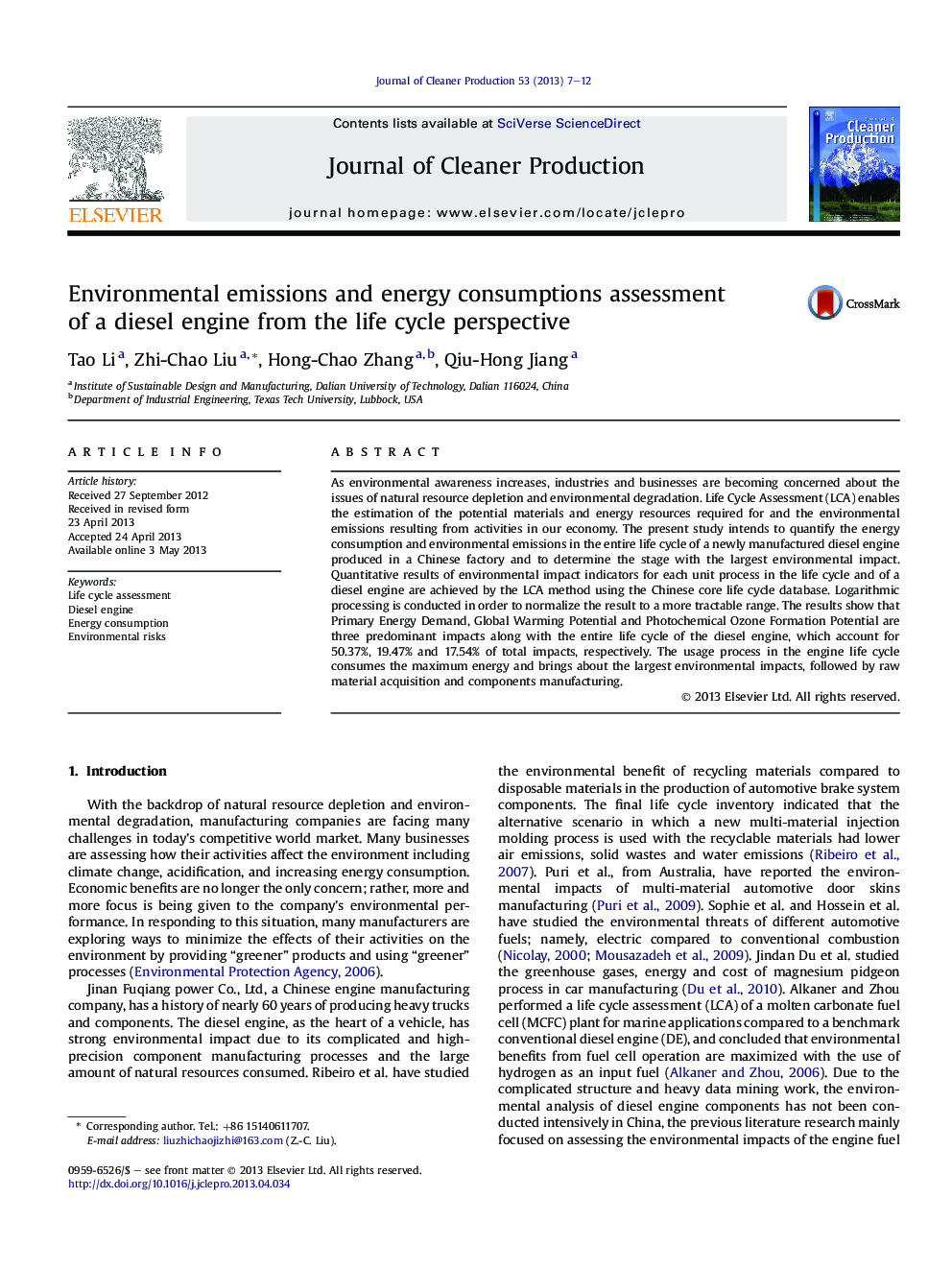 Environmental emissions and energy consumptions assessment of a diesel engine from the life cycle perspective