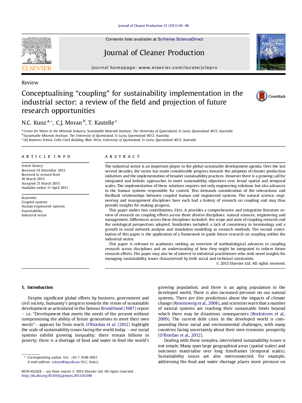 Conceptualising “coupling” for sustainability implementation in the industrial sector: a review of the field and projection of future research opportunities