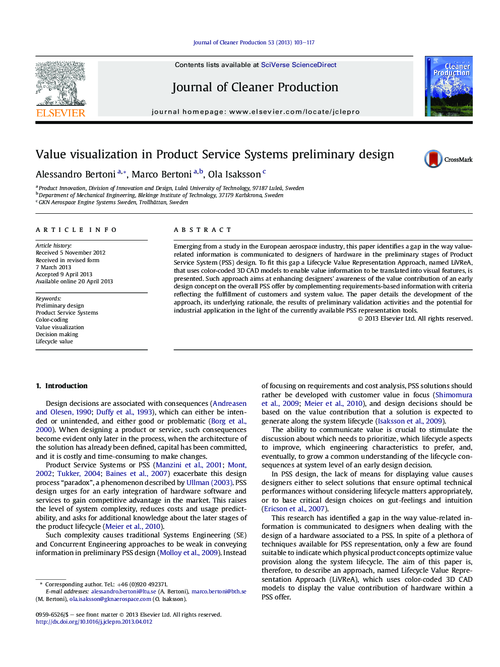 Value visualization in Product Service Systems preliminary design