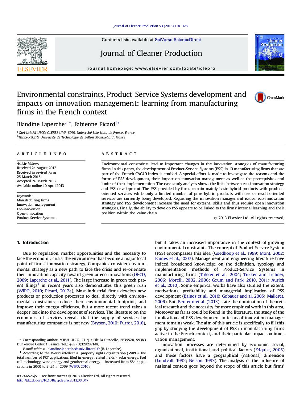 عکس صفحه اول مقاله: Environmental constraints, Product-Service Systems development and impacts on innovation management: learning from manufacturing firms in the French context Environmental constraints, Product-Service Systems development and impacts on innovation management: learning from manufacturing firms in the French context