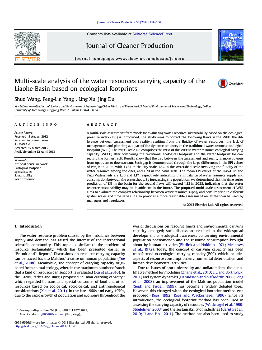 عکس صفحه اول مقاله: Multi-scale analysis of the water resources carrying capacity of the Liaohe Basin based on ecological footprints Multi-scale analysis of the water resources carrying capacity of the Liaohe Basin based on ecological footprints