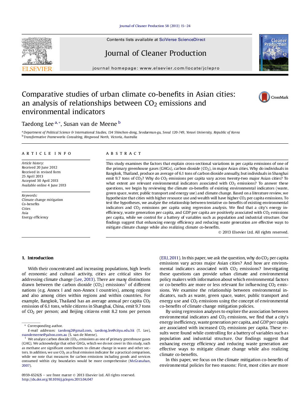 Comparative studies of urban climate co-benefits in Asian cities: an analysis of relationships between CO2 emissions and environmental indicators