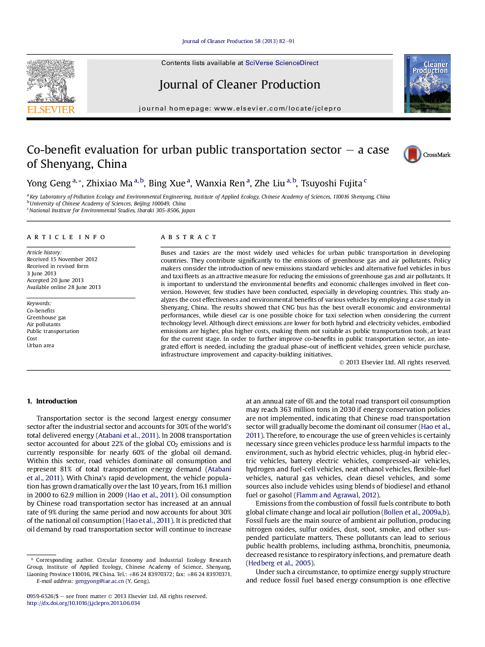 Co-benefit evaluation for urban public transportation sector – a case of Shenyang, China