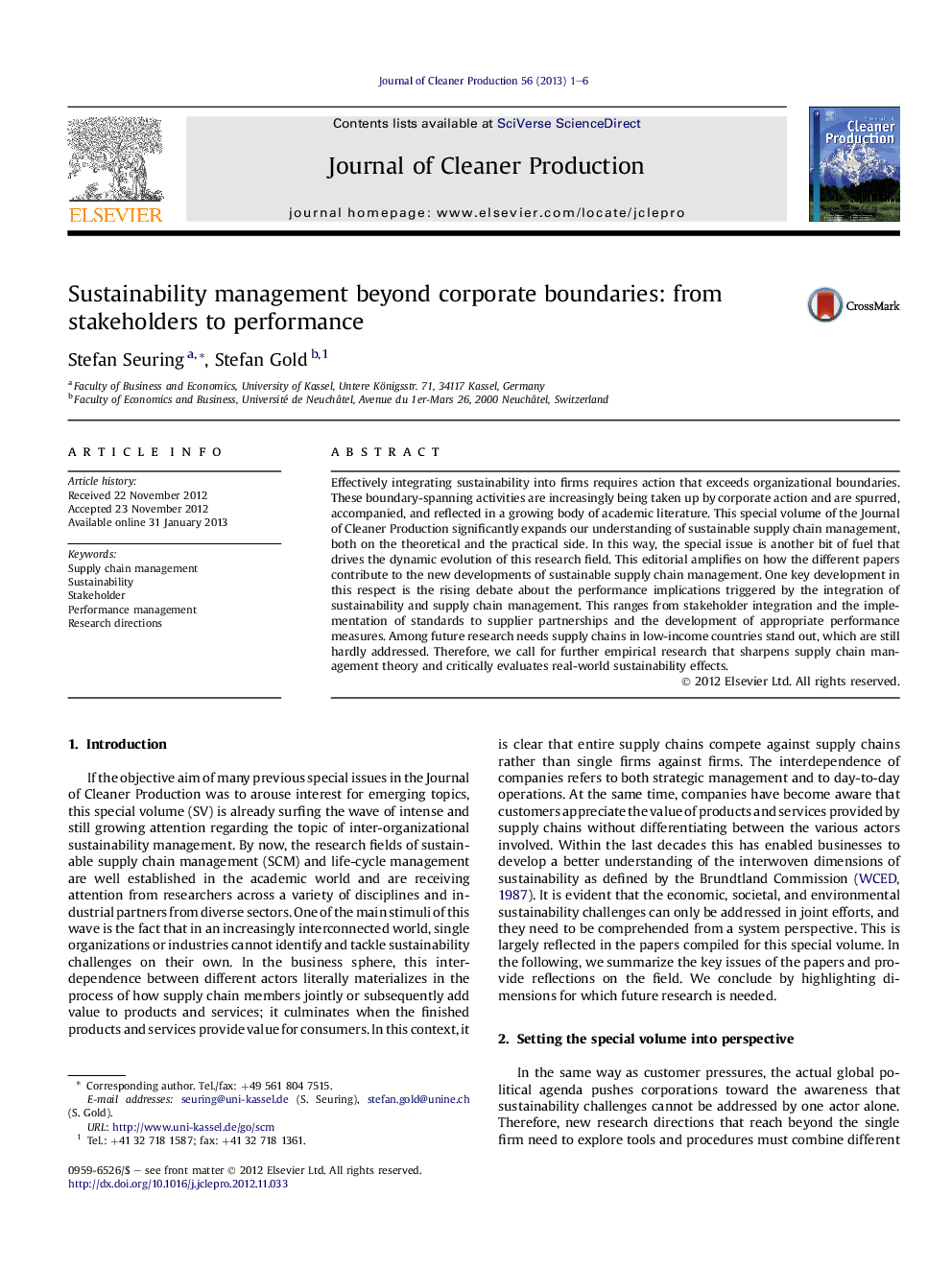 Sustainability management beyond corporate boundaries: from stakeholders to performance