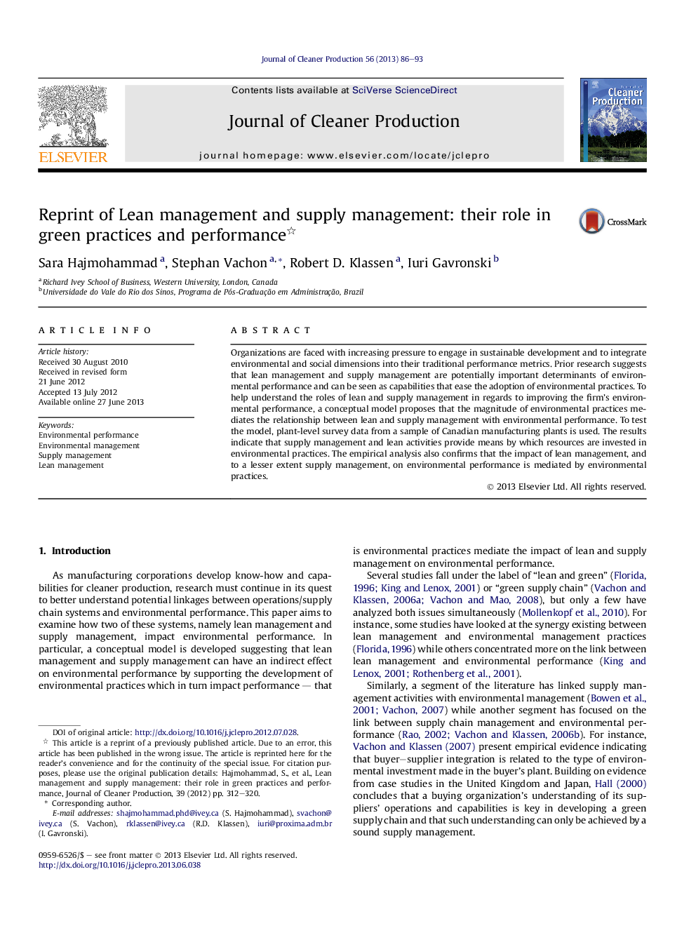عکس صفحه اول مقاله: Reprint of Lean management and supply management: their role in green practices and performance Reprint of Lean management and supply management: their role in green practices and performance