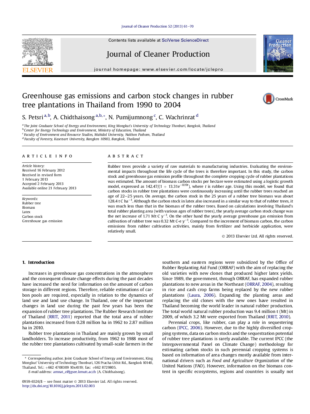 Greenhouse gas emissions and carbon stock changes in rubber tree plantations in Thailand from 1990 to 2004