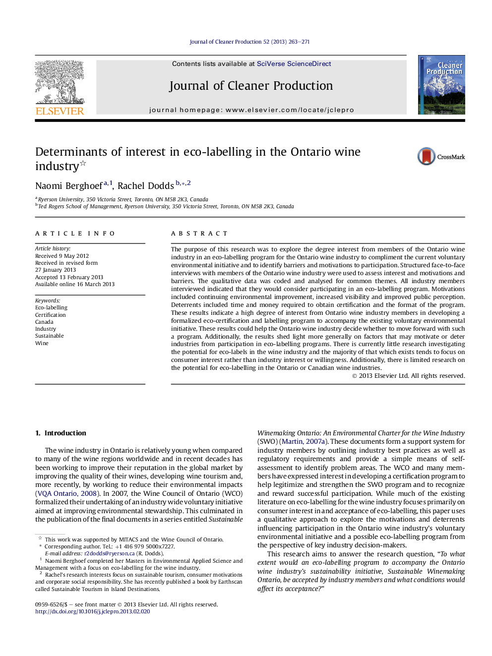 Determinants of interest in eco-labelling in the Ontario wine industry 