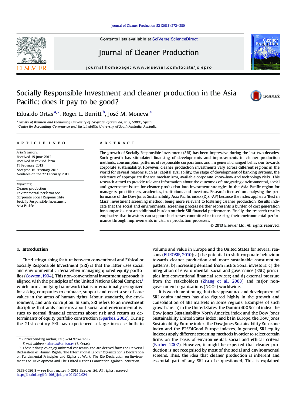 Socially Responsible Investment and cleaner production in the Asia Pacific: does it pay to be good?