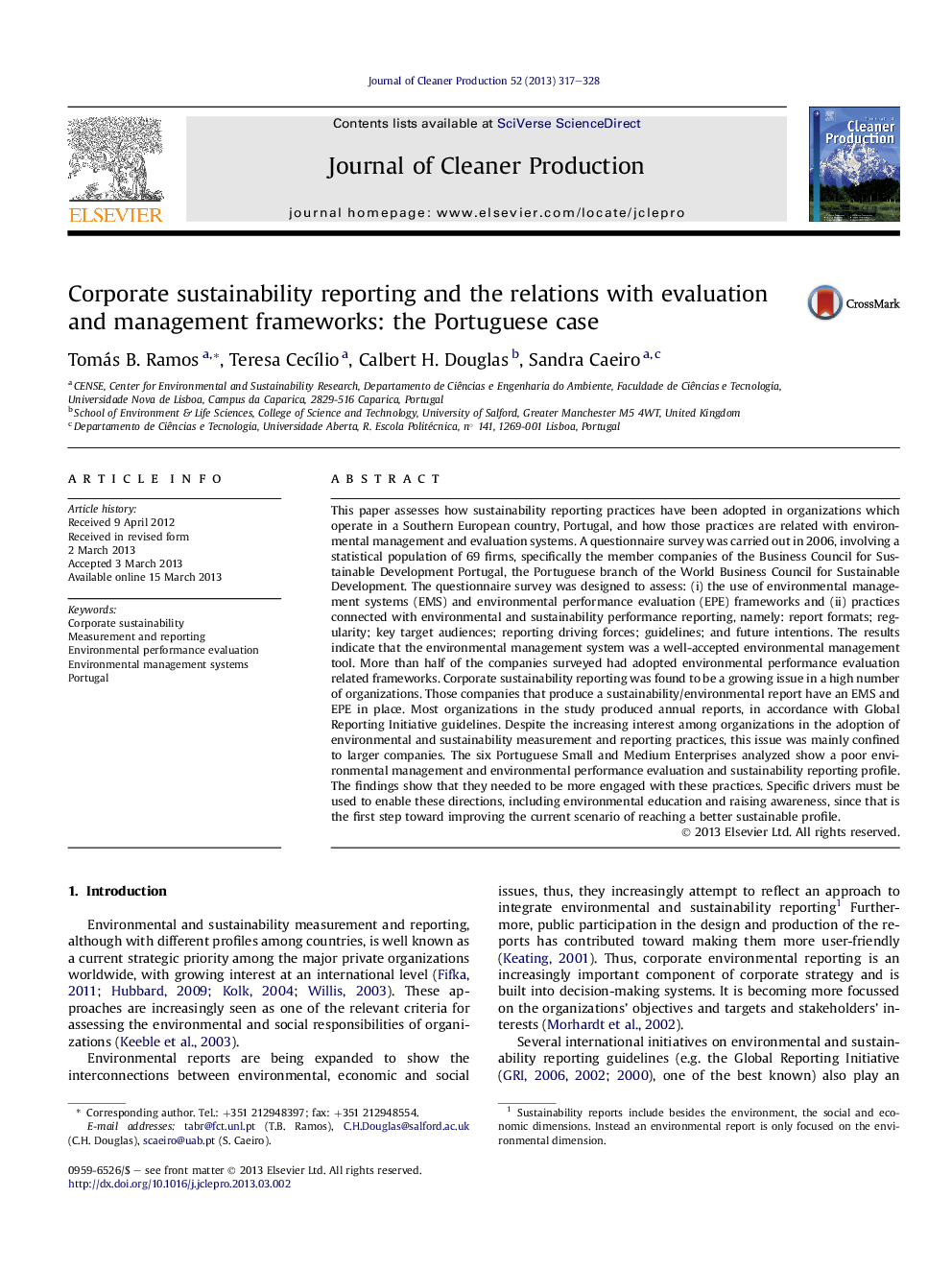 Corporate sustainability reporting and the relations with evaluation and management frameworks: the Portuguese case