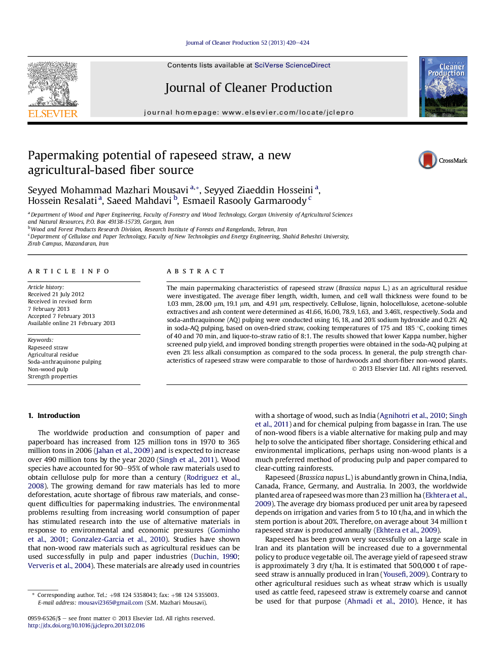 Papermaking potential of rapeseed straw, a new agricultural-based fiber source