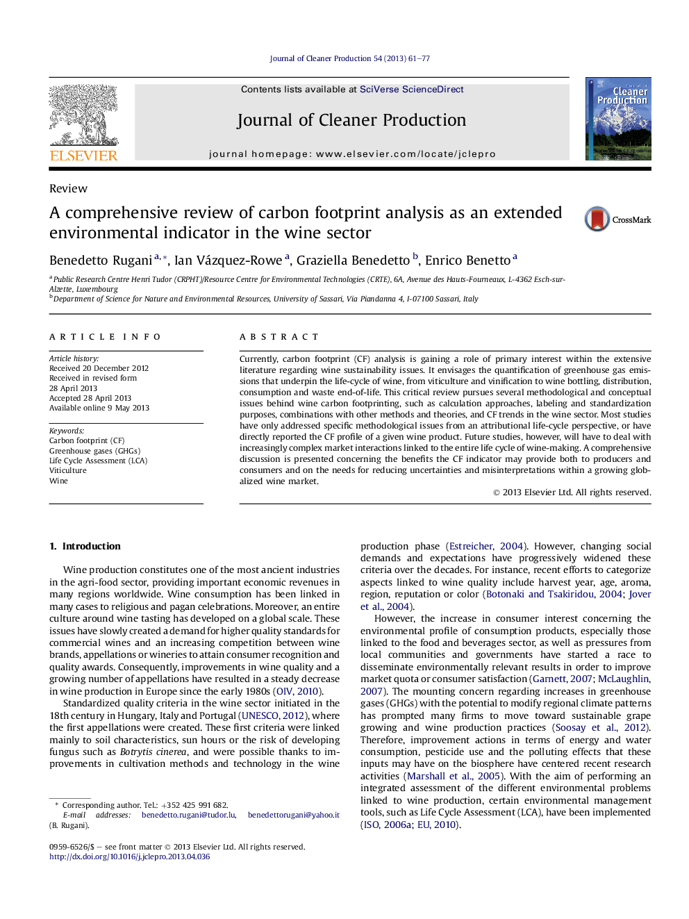 A comprehensive review of carbon footprint analysis as an extended environmental indicator in the wine sector