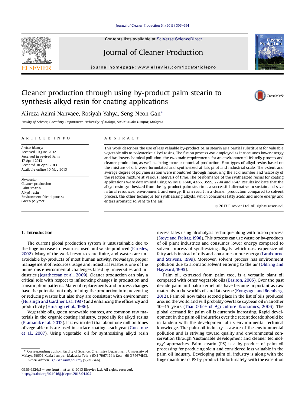 Cleaner production through using by-product palm stearin to synthesis alkyd resin for coating applications