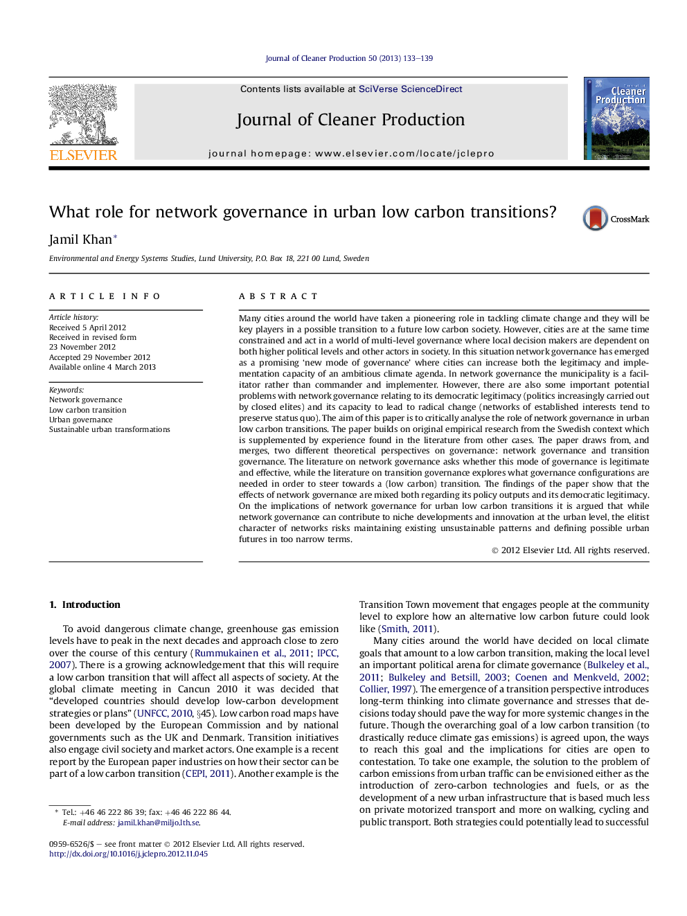 What role for network governance in urban low carbon transitions?