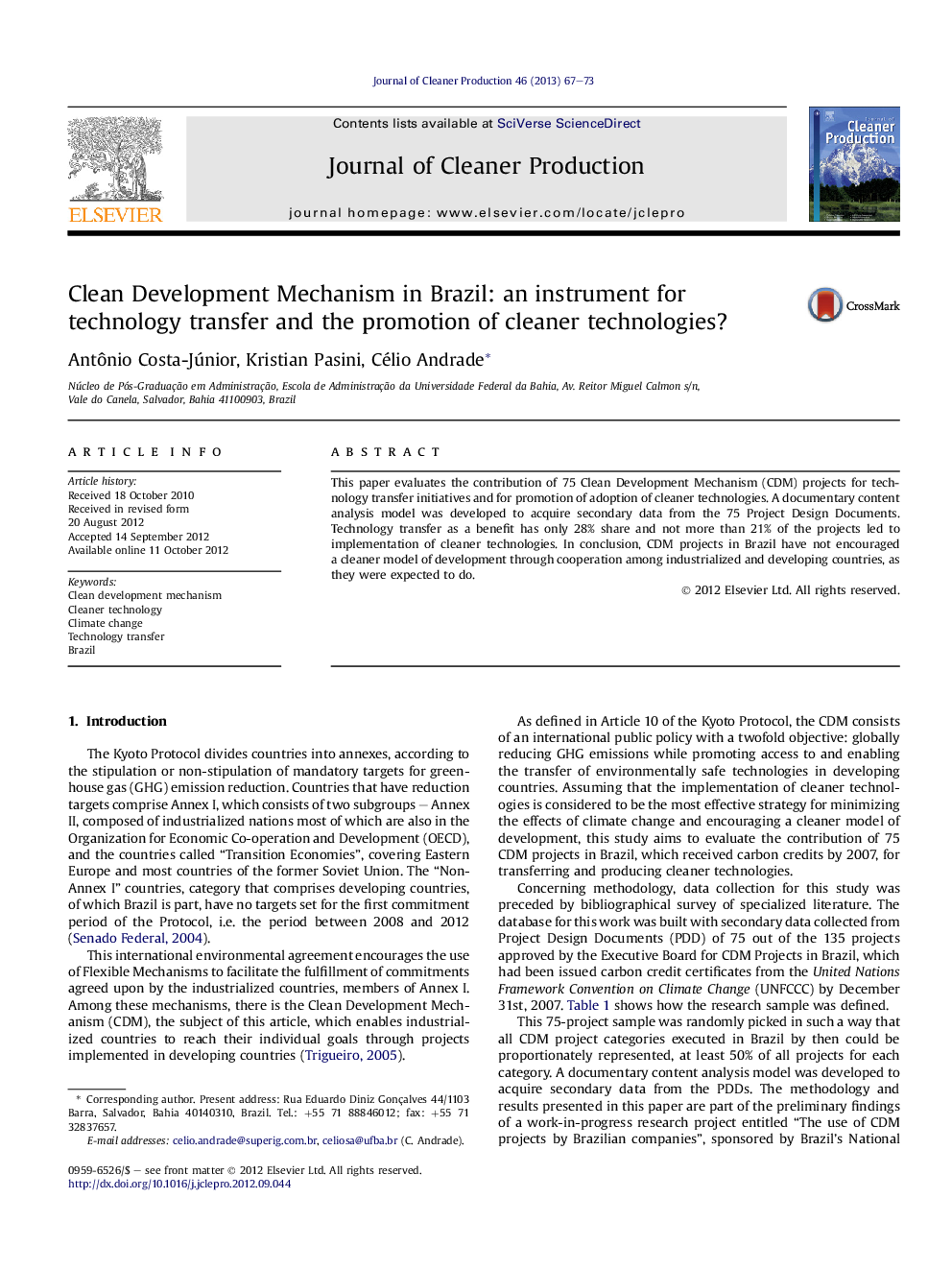 Clean Development Mechanism in Brazil: an instrument for technology transfer and the promotion of cleaner technologies?