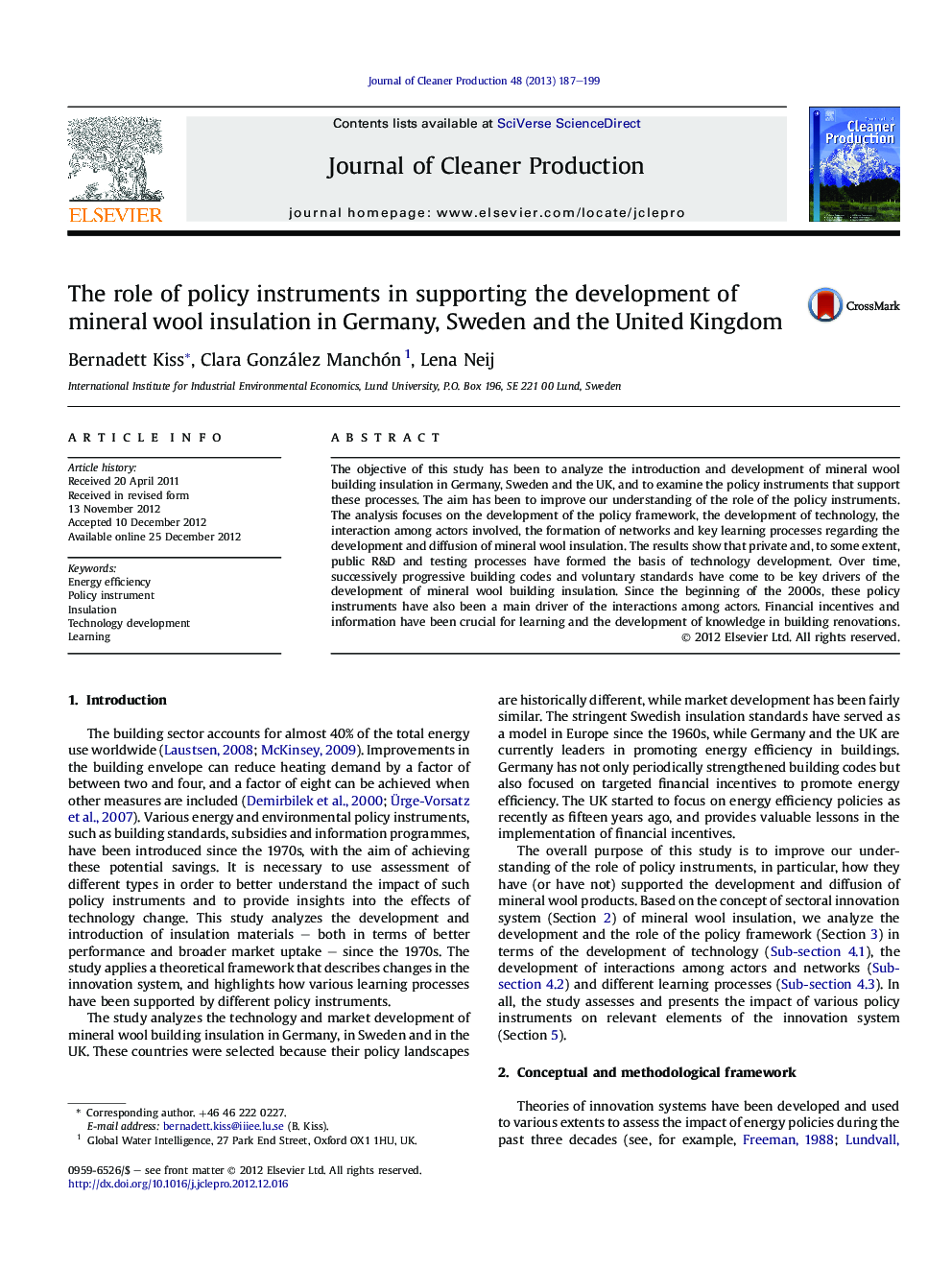 The role of policy instruments in supporting the development of mineral wool insulation in Germany, Sweden and the United Kingdom