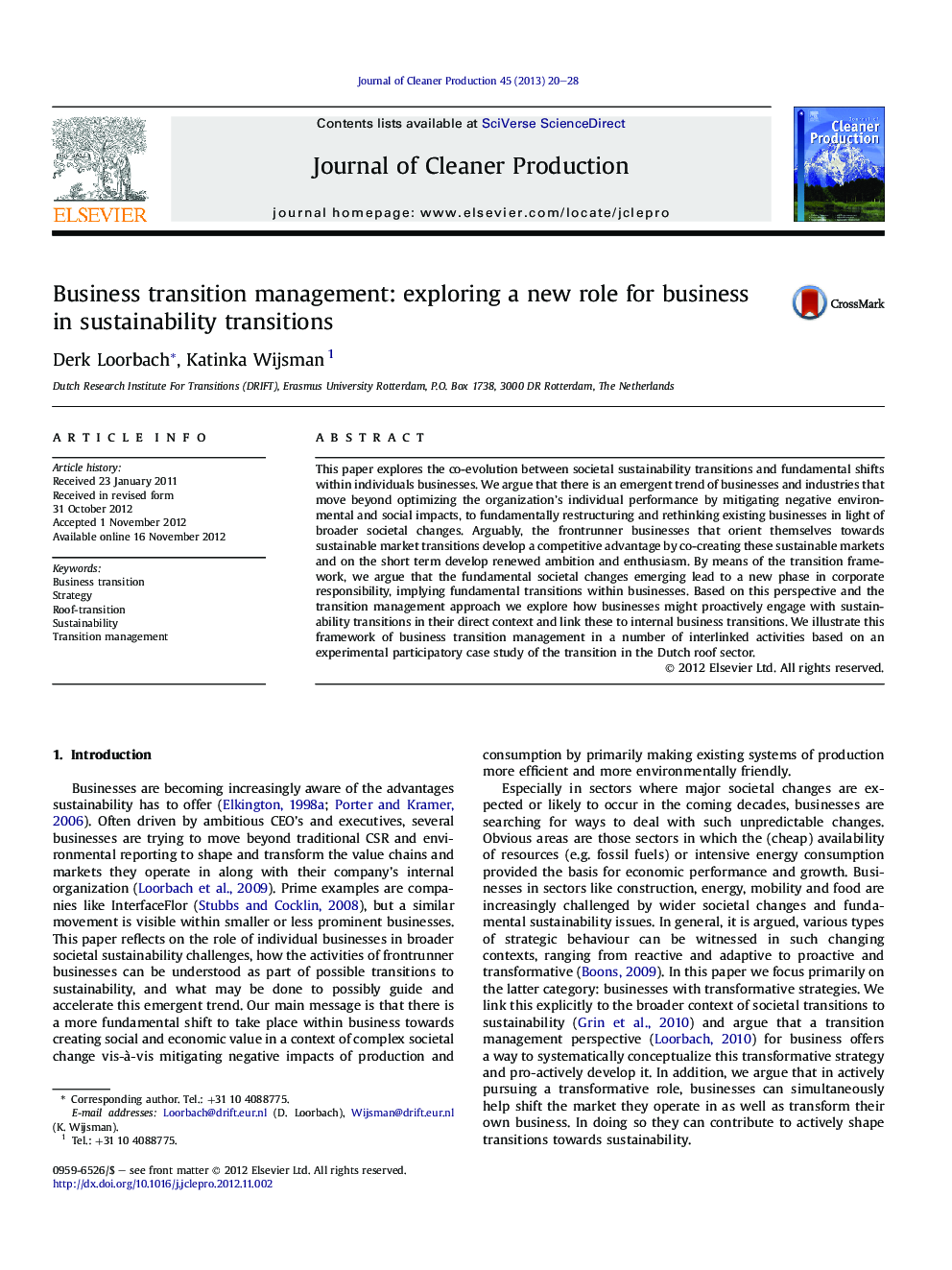 Business transition management: exploring a new role for business in sustainability transitions