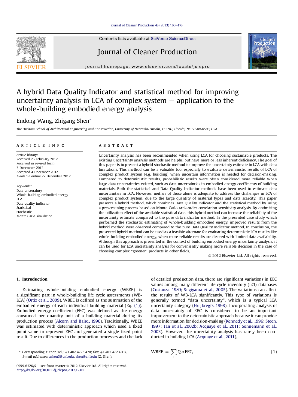 A hybrid Data Quality Indicator and statistical method for improving uncertainty analysis in LCA of complex system – application to the whole-building embodied energy analysis