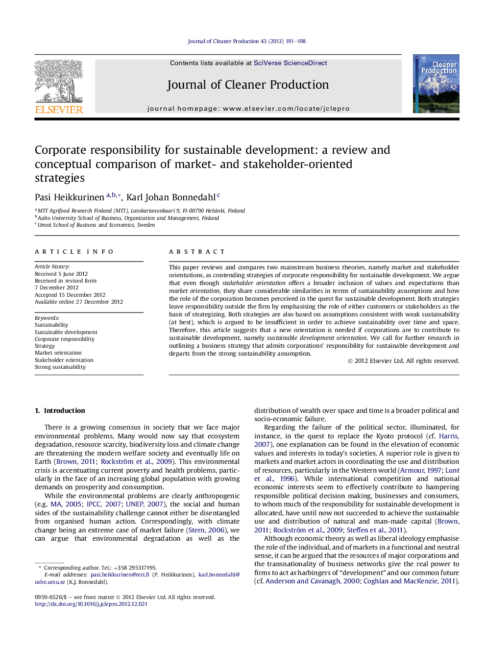 Corporate responsibility for sustainable development: a review and conceptual comparison of market- and stakeholder-oriented strategies