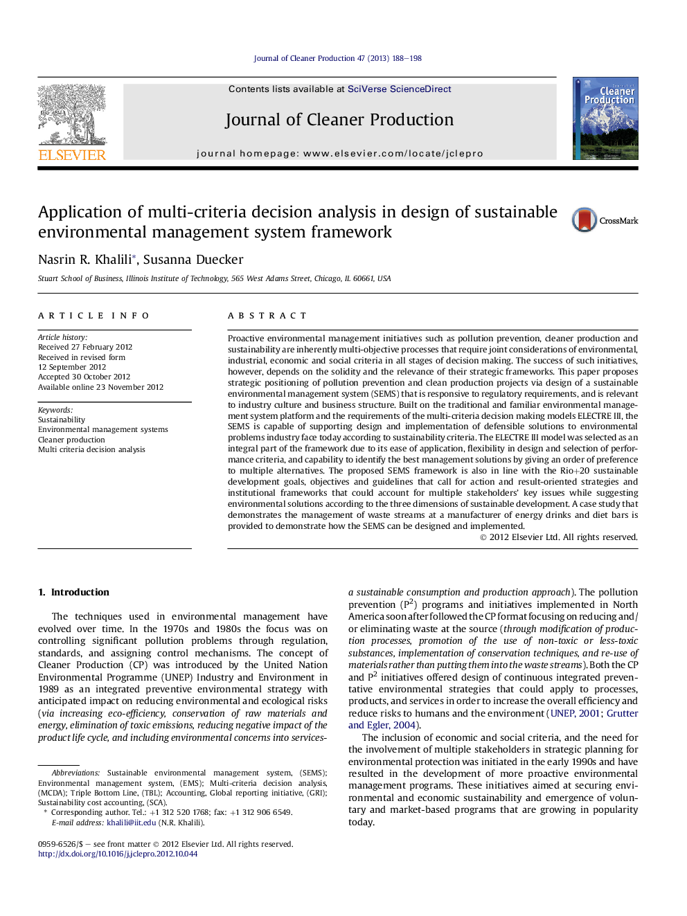 Application of multi-criteria decision analysis in design of sustainable environmental management system framework