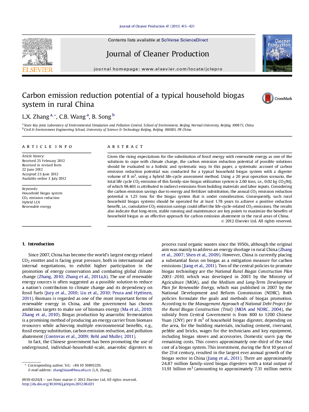 Carbon emission reduction potential of a typical household biogas system in rural China