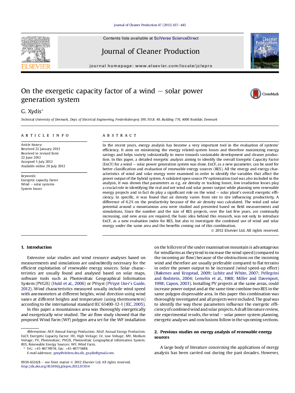 On the exergetic capacity factor of a wind – solar power generation system