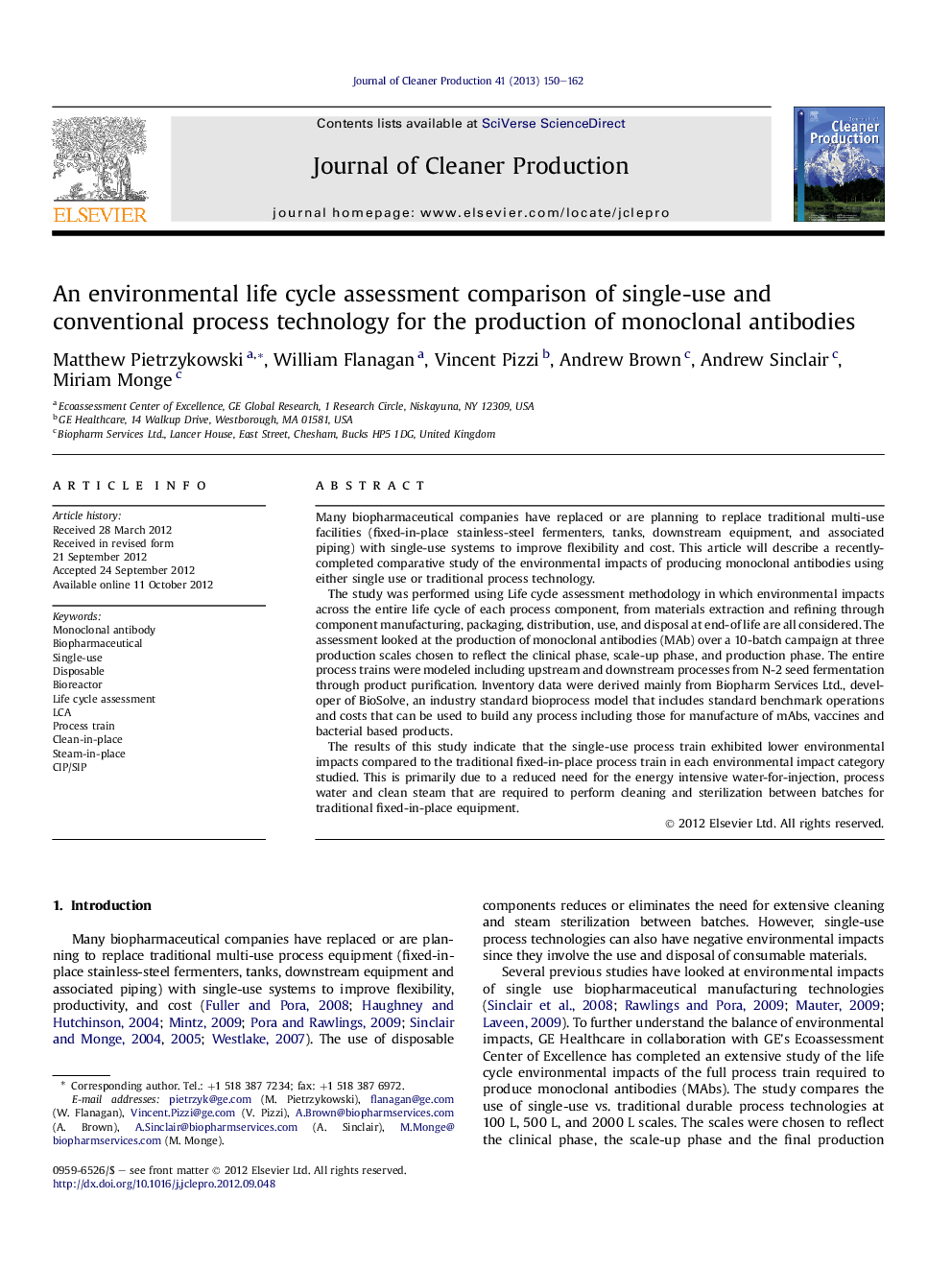 An environmental life cycle assessment comparison of single-use and conventional process technology for the production of monoclonal antibodies