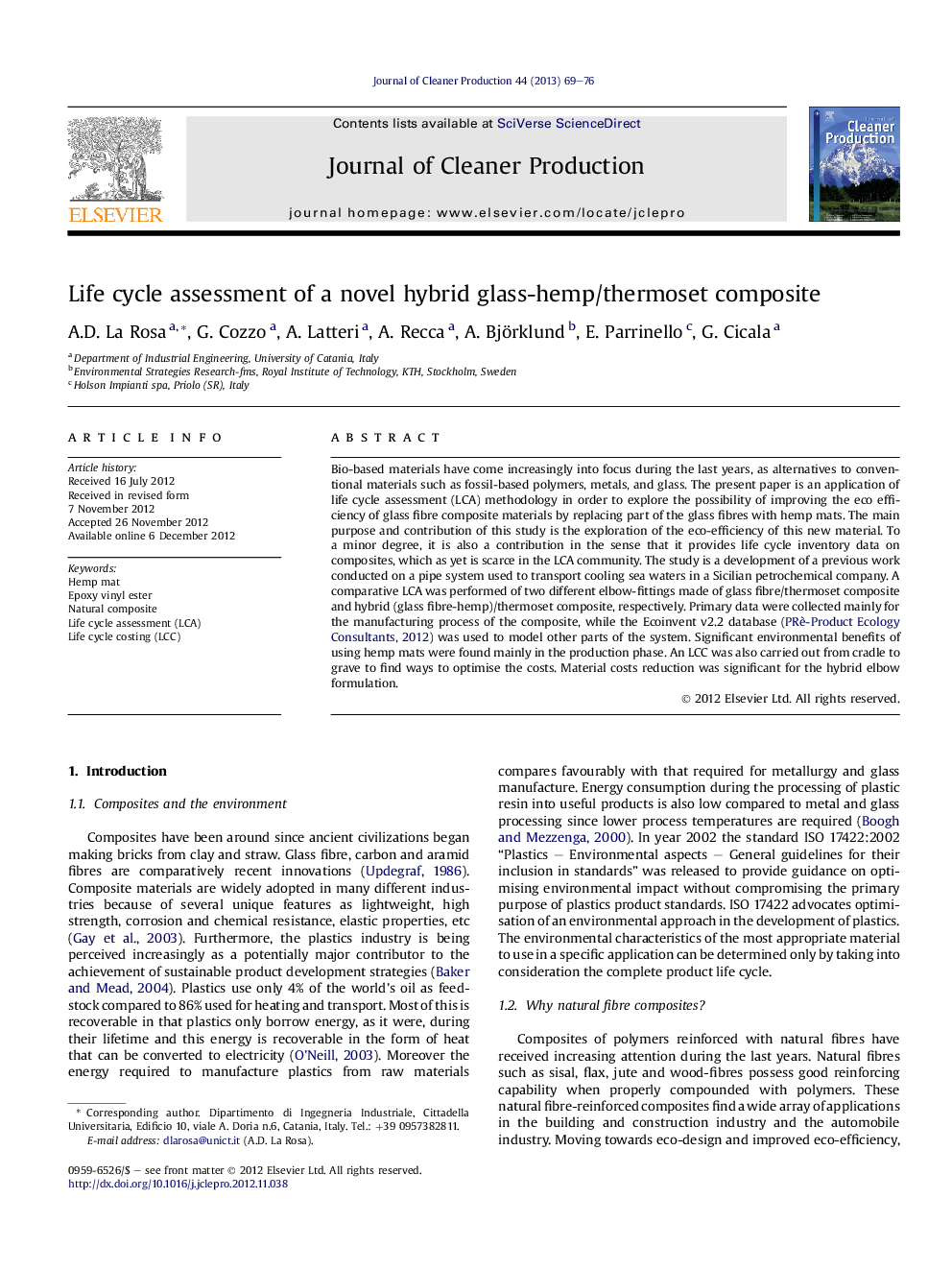 عکس صفحه اول مقاله: Life cycle assessment of a novel hybrid glass-hemp/thermoset composite Life cycle assessment of a novel hybrid glass-hemp/thermoset composite