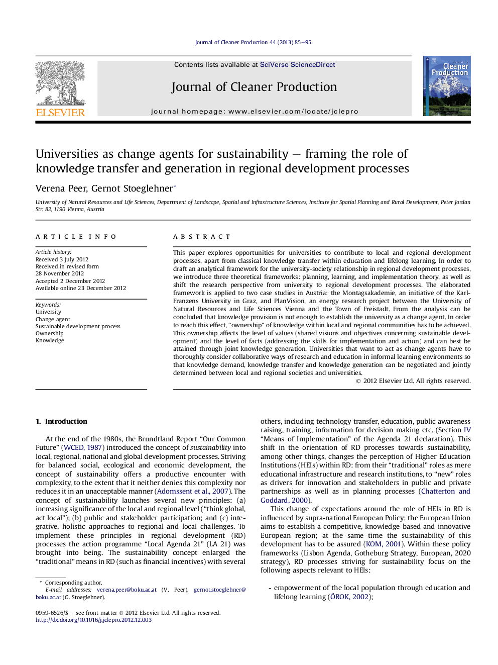 Universities as change agents for sustainability – framing the role of knowledge transfer and generation in regional development processes