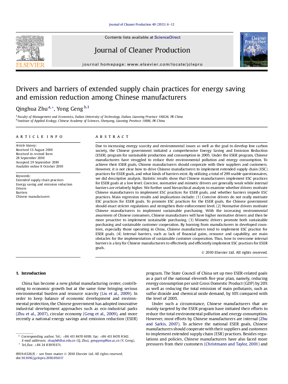 Drivers and barriers of extended supply chain practices for energy saving and emission reduction among Chinese manufacturers