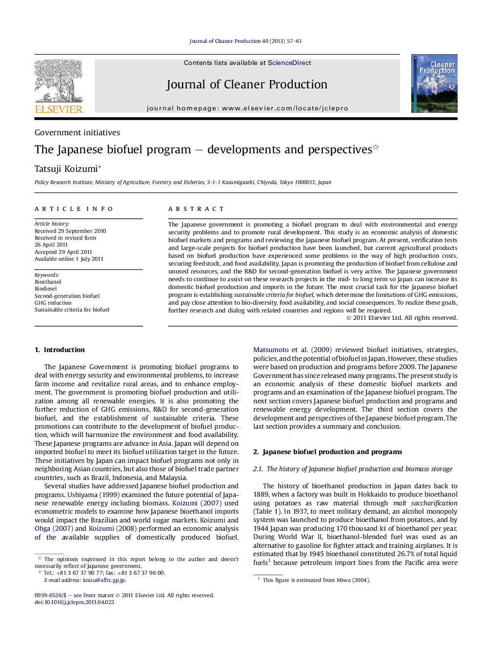 The Japanese biofuel program – developments and perspectives 