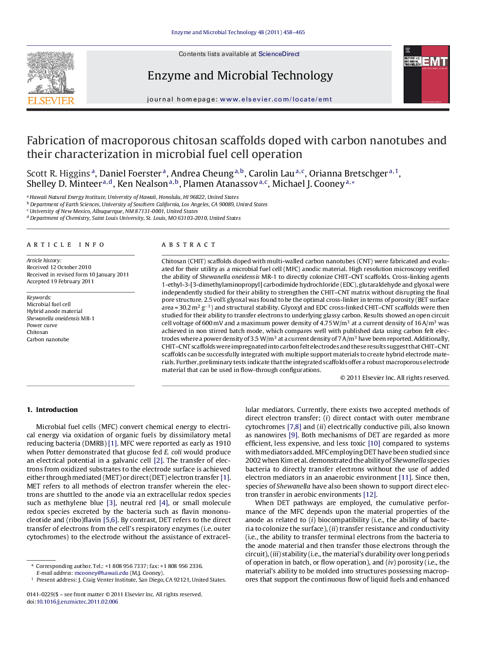 Fabrication of macroporous chitosan scaffolds doped with carbon nanotubes and their characterization in microbial fuel cell operation