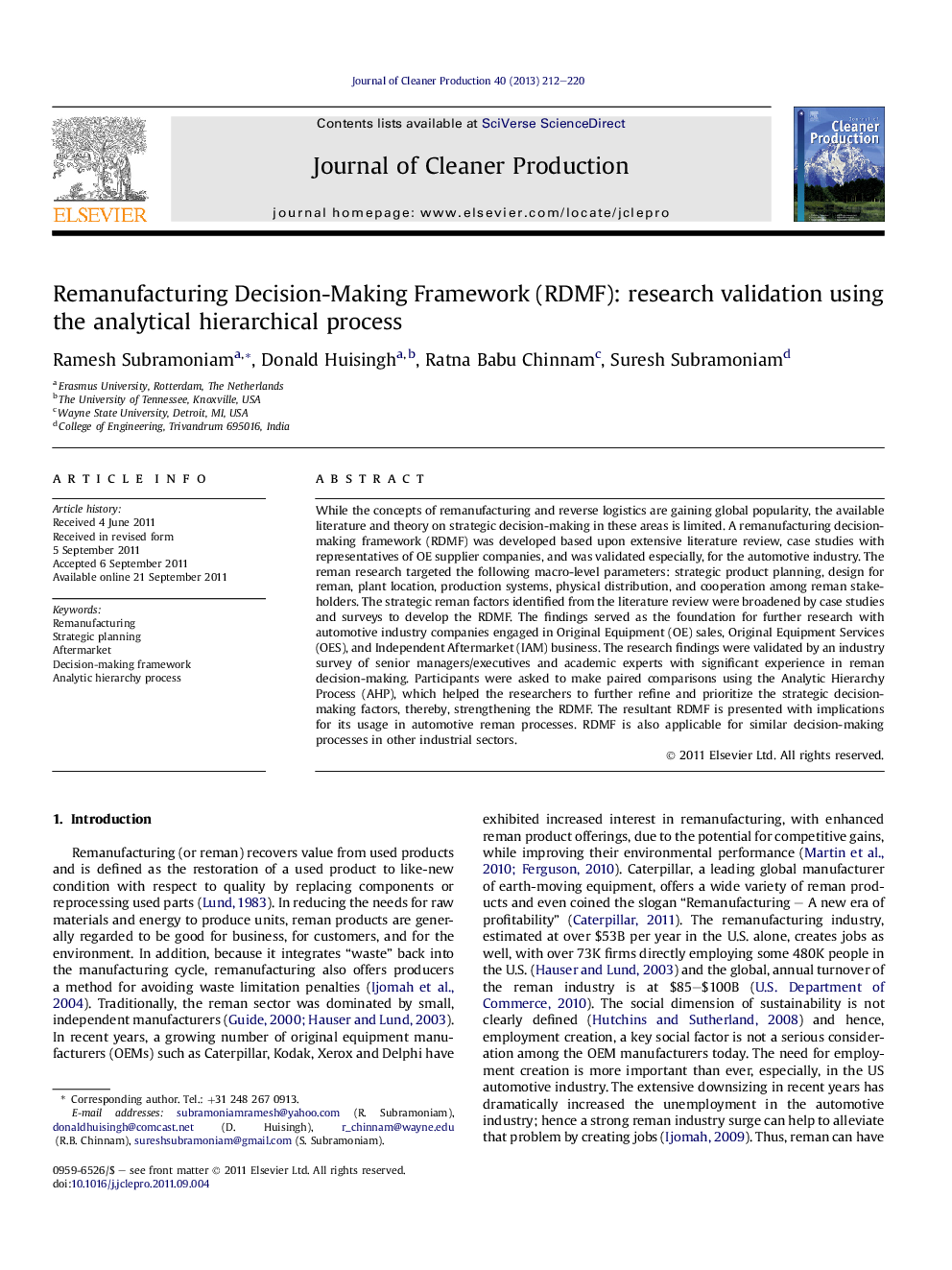 Remanufacturing Decision-Making Framework (RDMF): research validation using the analytical hierarchical process