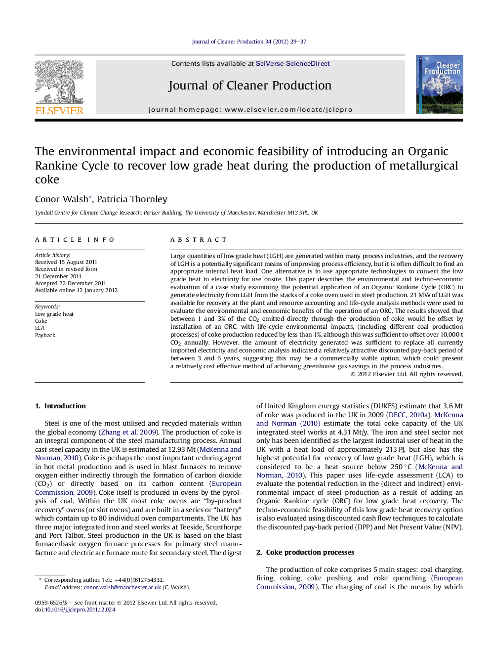 The environmental impact and economic feasibility of introducing an Organic Rankine Cycle to recover low grade heat during the production of metallurgical coke