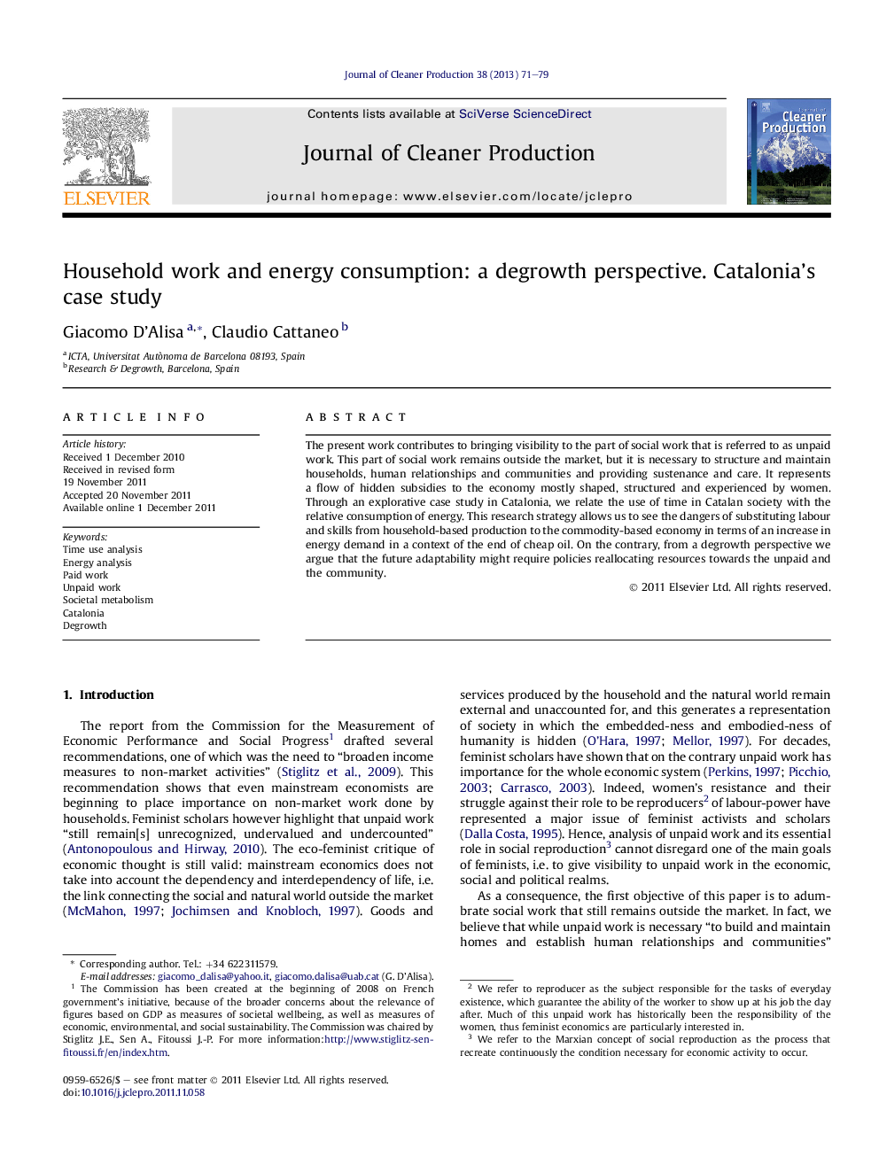 Household work and energy consumption: a degrowth perspective. Catalonia’s case study