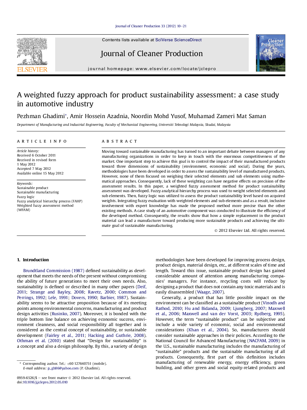 A weighted fuzzy approach for product sustainability assessment: a case study in automotive industry