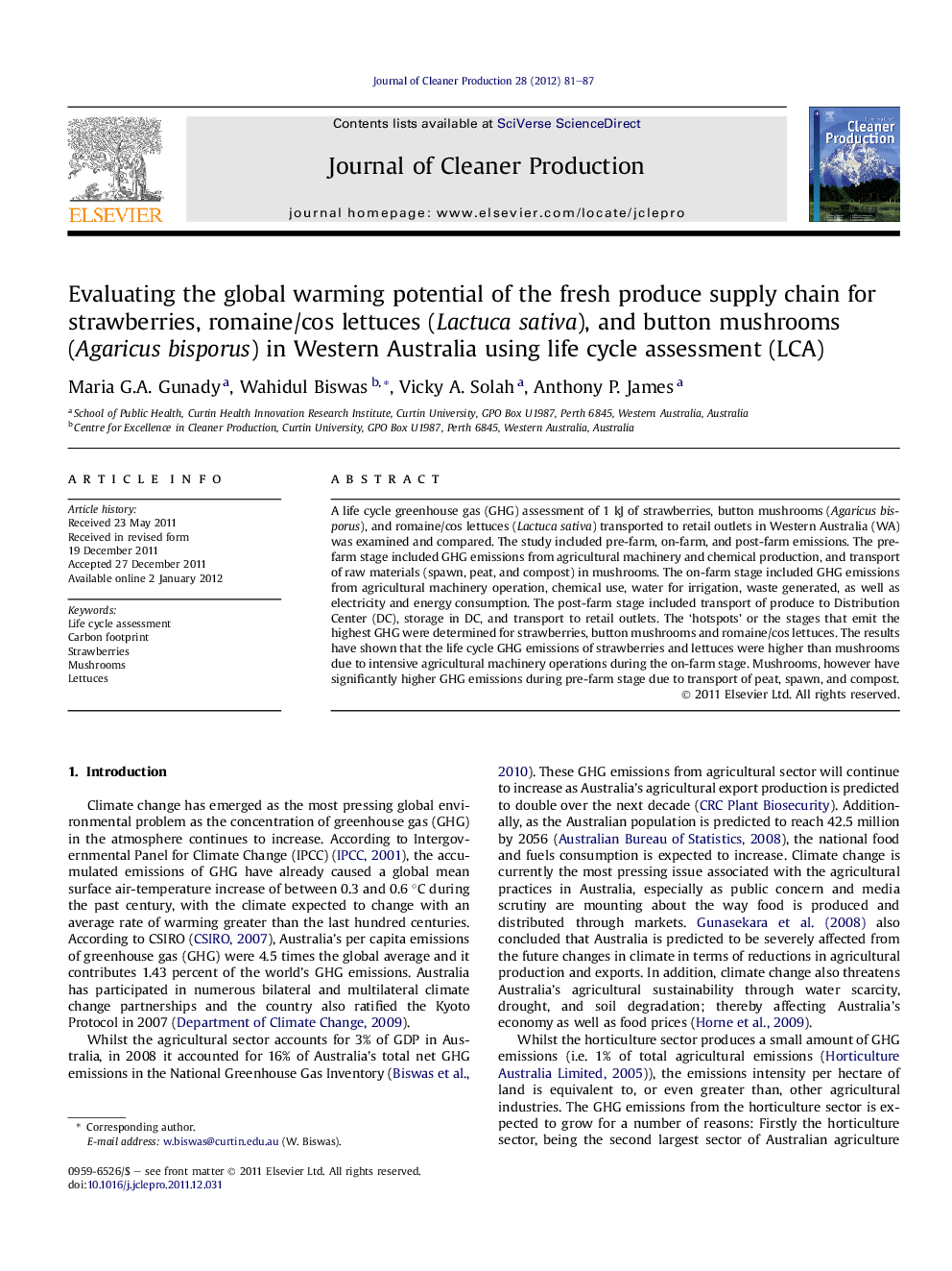 Evaluating the global warming potential of the fresh produce supply chain for strawberries, romaine/cos lettuces (Lactuca sativa), and button mushrooms (Agaricus bisporus) in Western Australia using life cycle assessment (LCA)