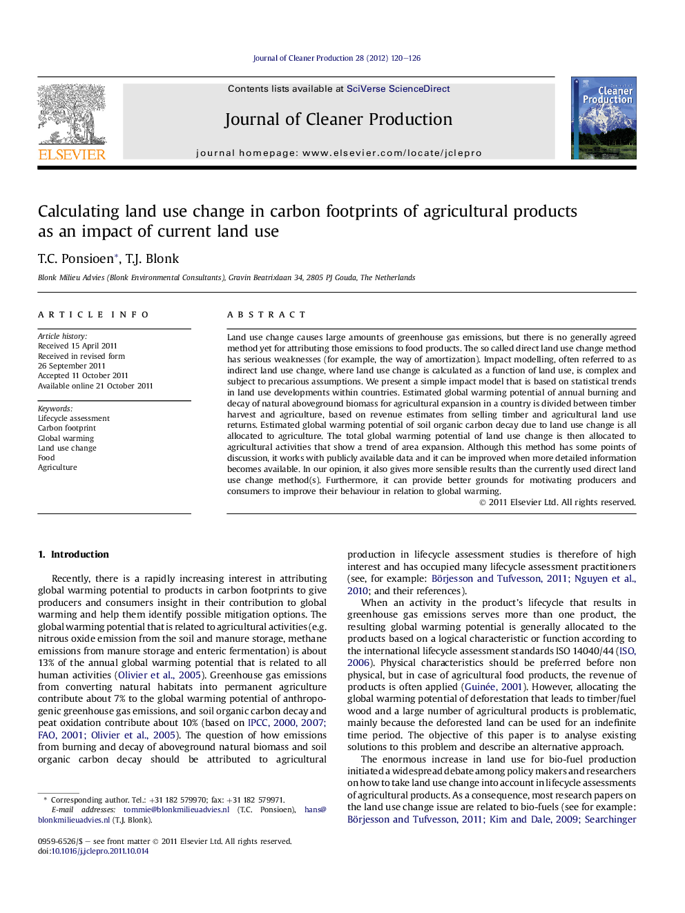 Calculating land use change in carbon footprints of agricultural products as an impact of current land use