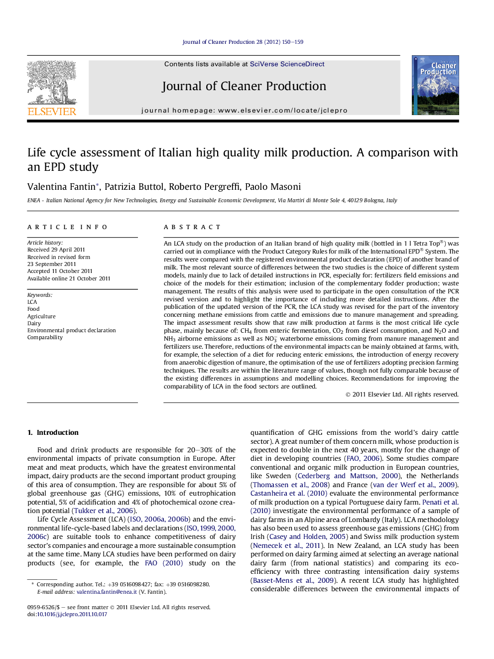 Life cycle assessment of Italian high quality milk production. A comparison with an EPD study