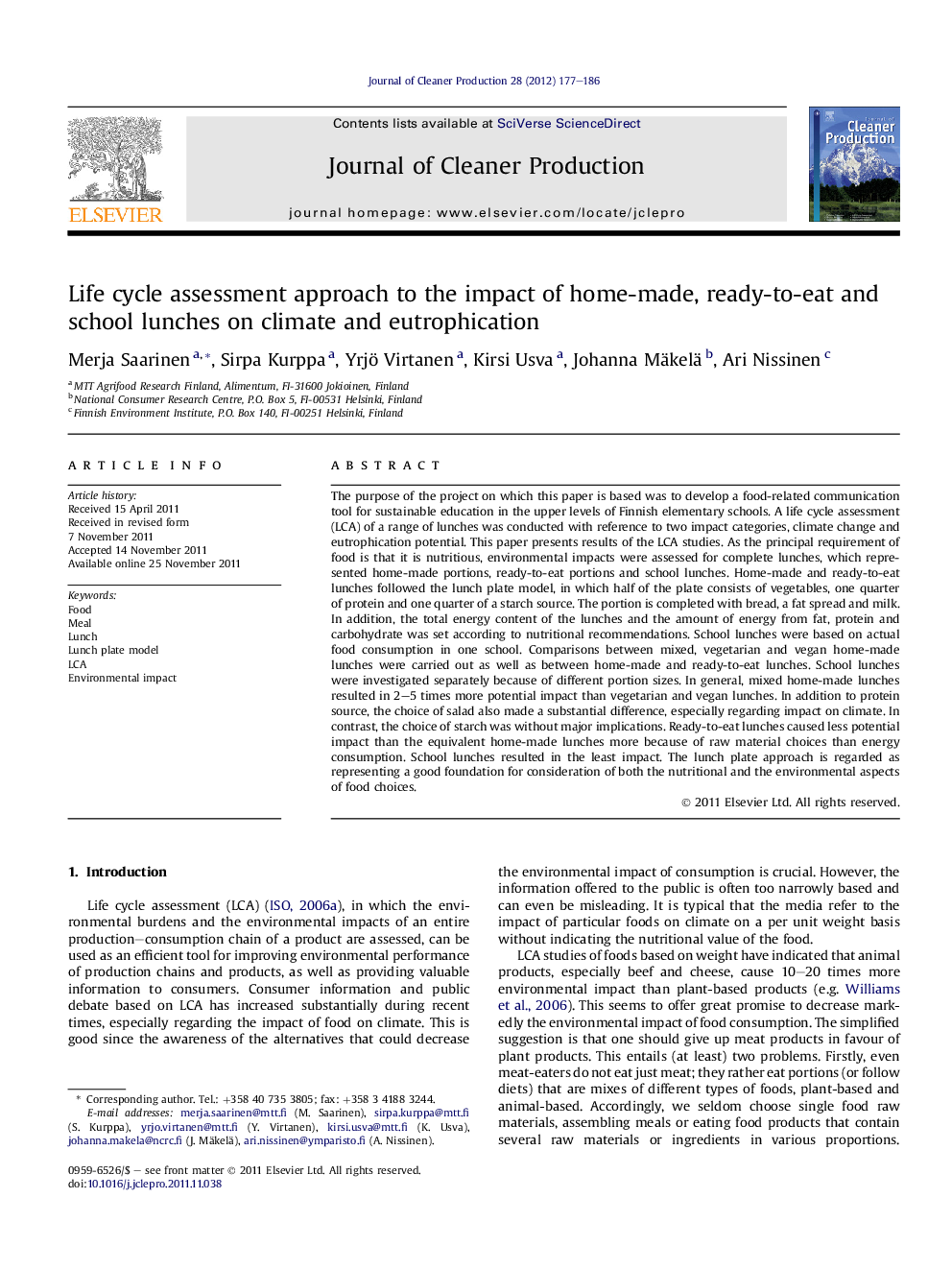 Life cycle assessment approach to the impact of home-made, ready-to-eat and school lunches on climate and eutrophication