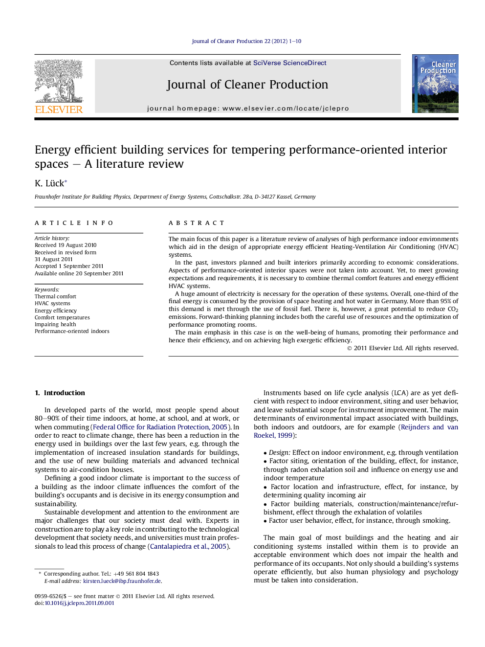 Energy efficient building services for tempering performance-oriented interior spaces – A literature review