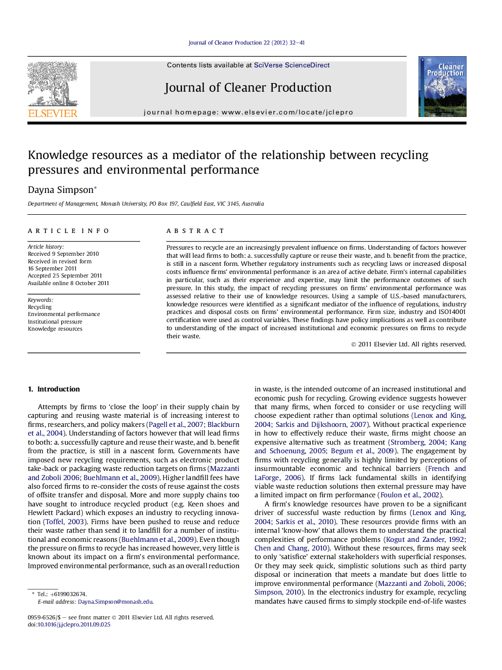 Knowledge resources as a mediator of the relationship between recycling pressures and environmental performance